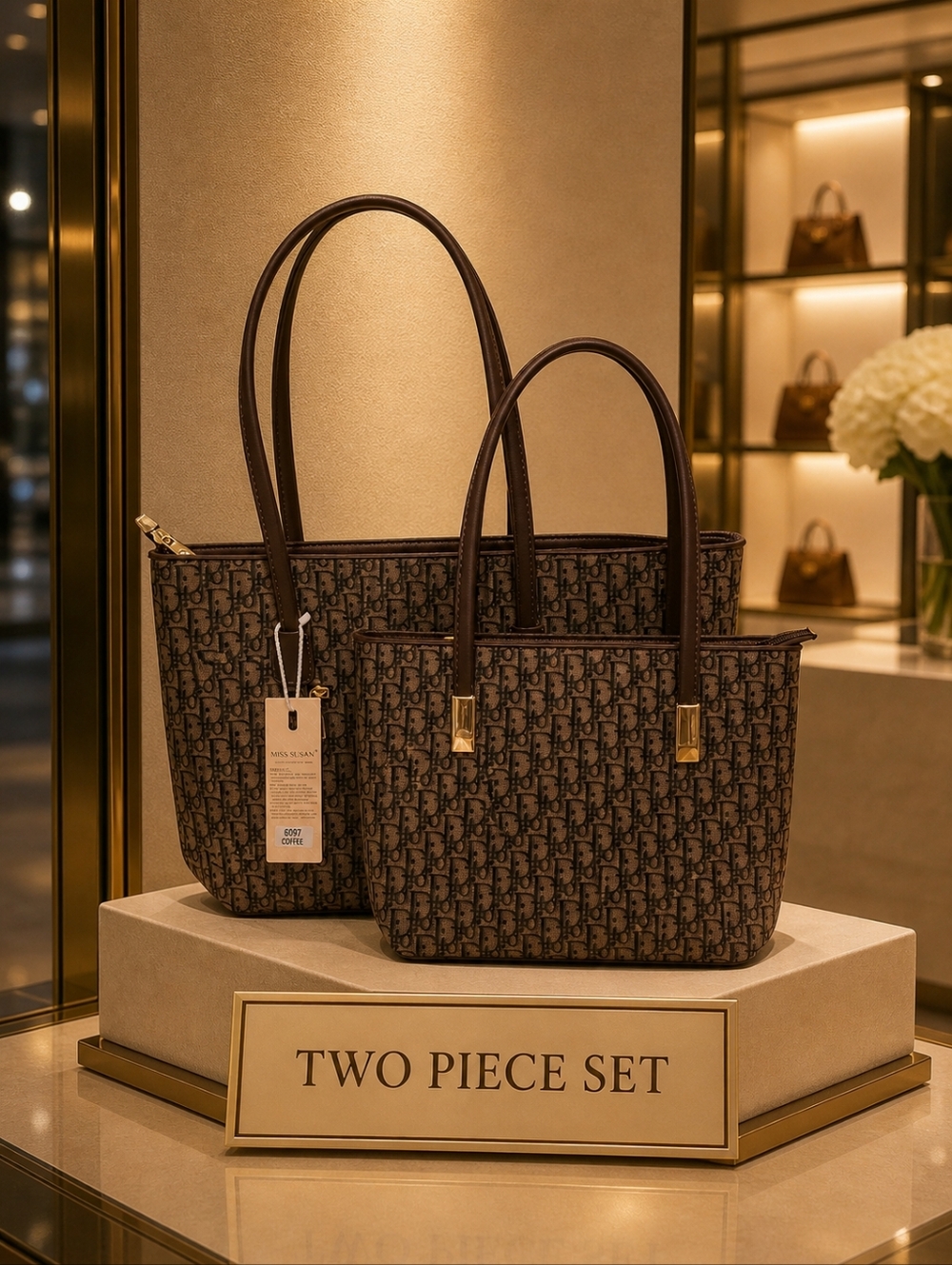 FASHION Brown Monogram Two-Piece Tote Set with Gold Hardware